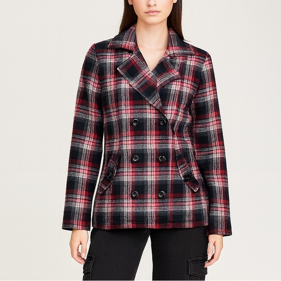 BILLABONG Wool Blend Red/Black Plaid Pea Coat Jacket Size Medium Y2K Academia - Picture 1 of 7